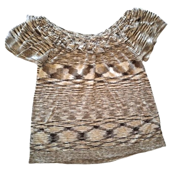 Banana Republic Brown Patterned Ruffle Off Shoulder Linen Blouse Size Medium - Picture 3 of 7